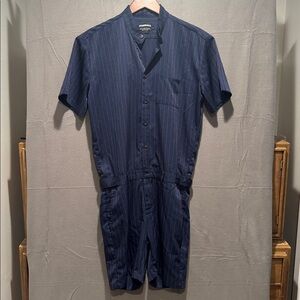 RomperJack Men's Sz L Dark Blue Pink Stretch Short Sleeve Shorts Romper‎